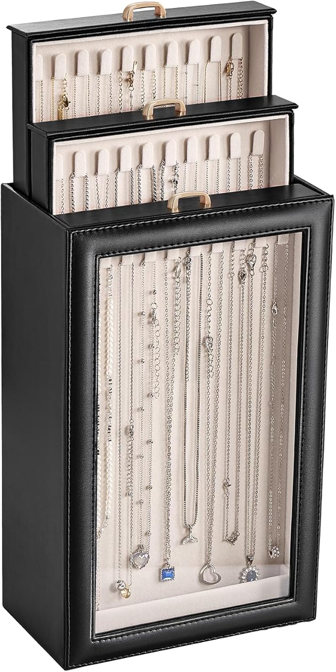 Lolalet Necklace Organizer Box, Jewelry Storage Box with Clear Window for Necklaces Bracelets, Tangle-Free Necklace Display Case for Women Girls -Black, 3 Layers 30 Hooks