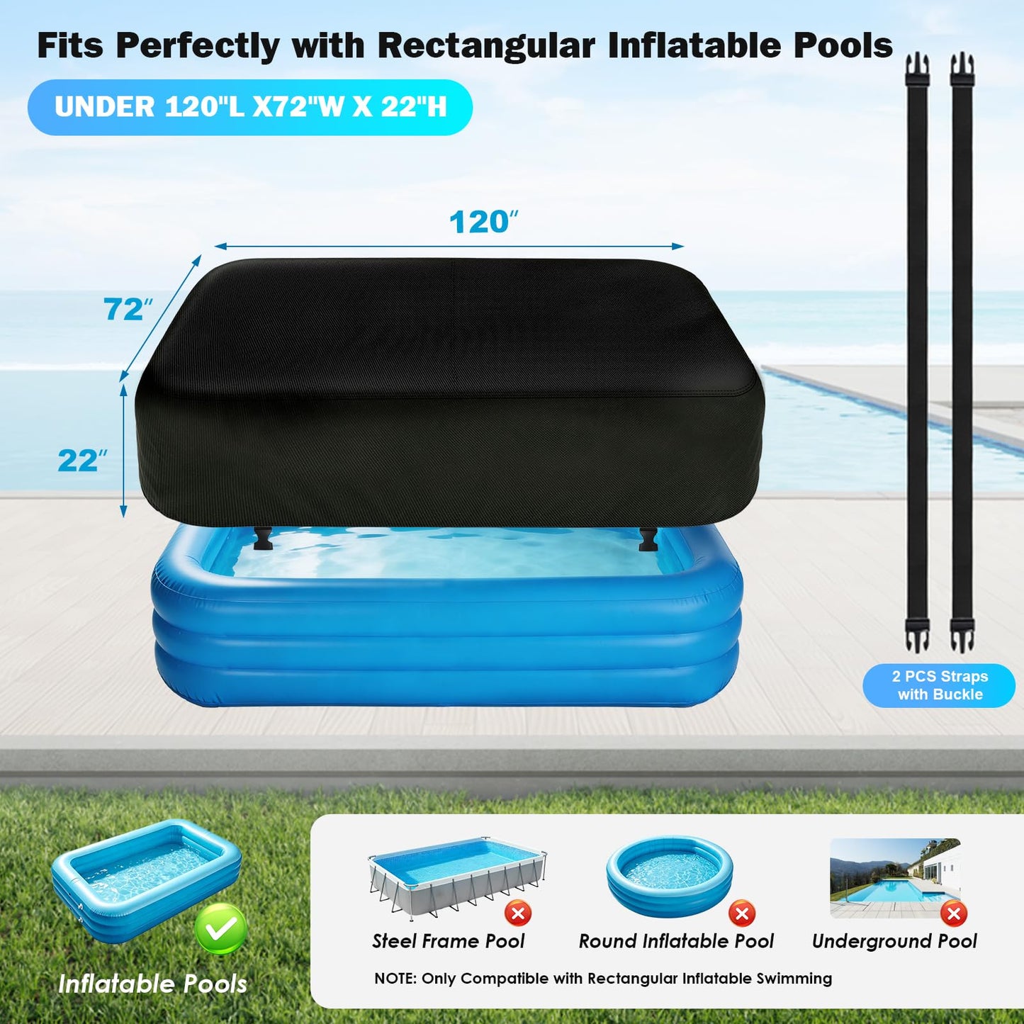 Rectangle Inflatable Pool Cover, Fits 120" L x 72" W Blow Up Pool Cover with Elastic Edge and 2 Buckle Straps, Thickened Waterproof Oxford Inflatable Pool Cover for Above Ground Pool 10'x 6'