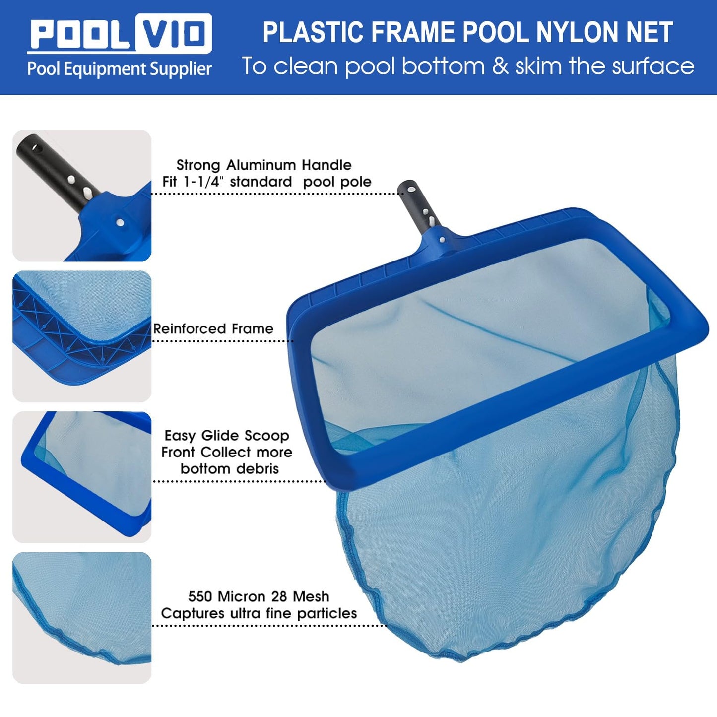Poolvio Professional Pool Net, Upgraded Self-Repair Heavy Duty Nylon Mesh, Pool Skimmer Net with Extra Wide Scoop Edge, Pool Nets for Cleaning Leaves, Debris(No Pole)