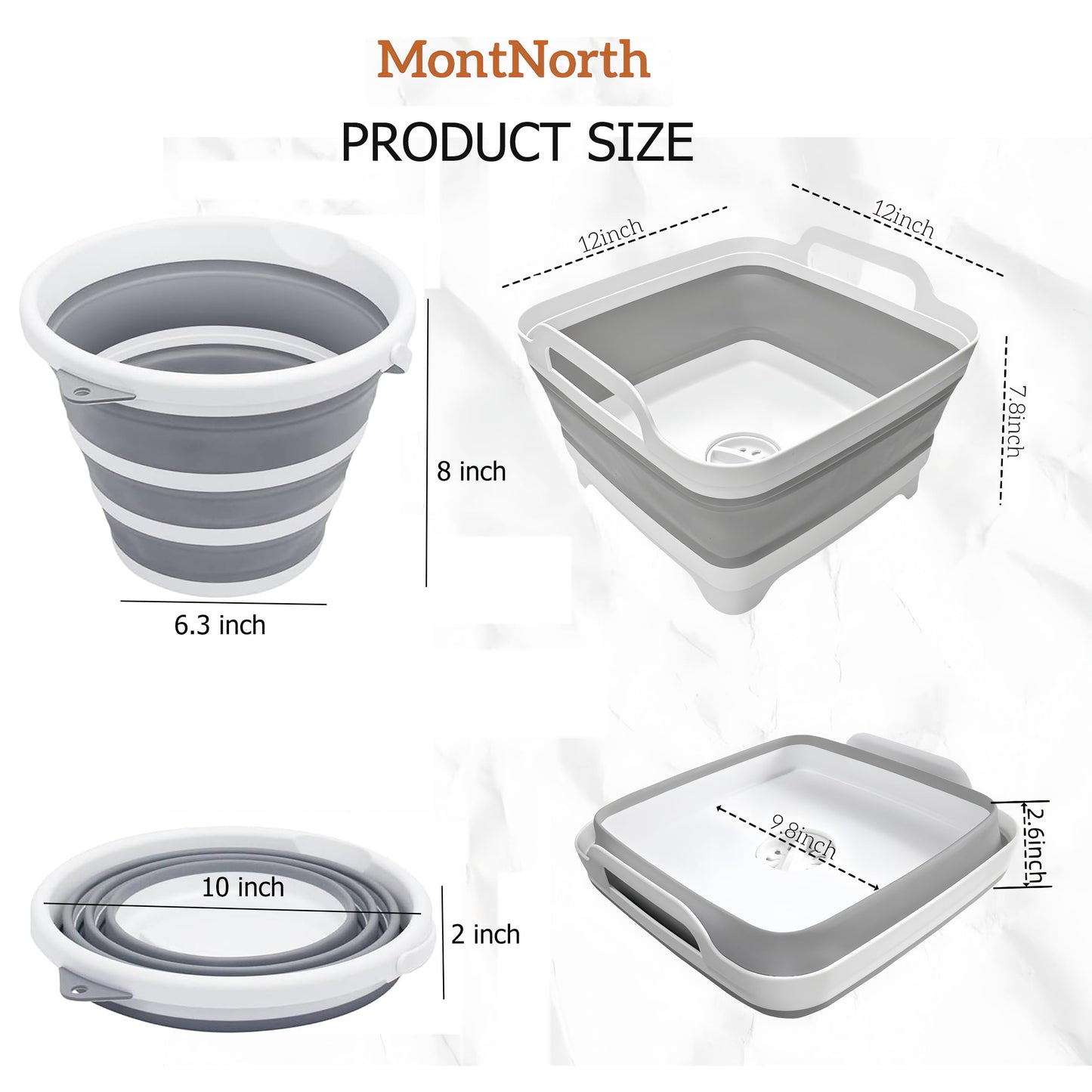 MontNorth Collapsible Basin Bucket,9L Collapsible Dishpan with Drain Plug for Kitchen Sink,5L Portable Foldable Small Plastic Water Supplies for Outdoor Garden Camping Fishing Car Wash(Sets of 2)