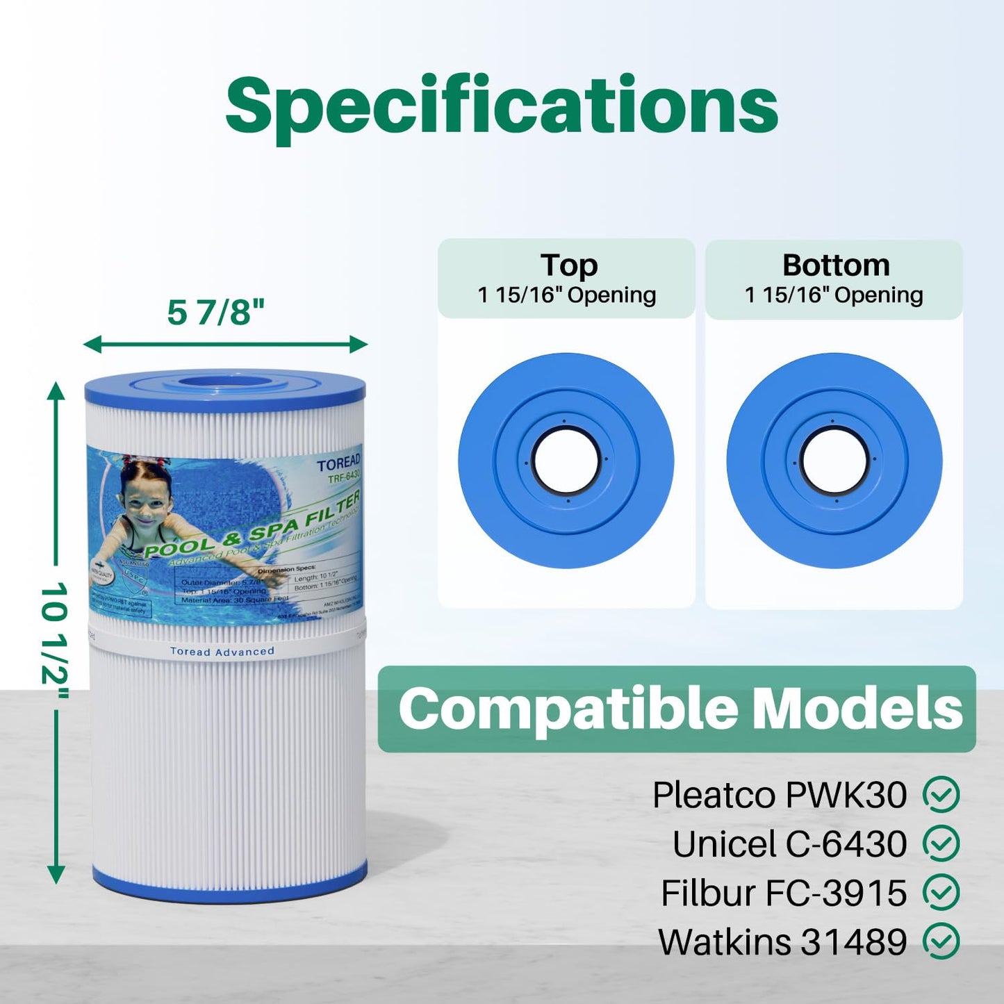 TOREAD Watkins 31489 Replacement Filter, Compatible Pleatco PWK30, Unicel C-6430, Filbur FC-3915, P/N0969601, 71825, 73178, 73250, 30 sq. ft. Hot Spring Spa Filter (5)