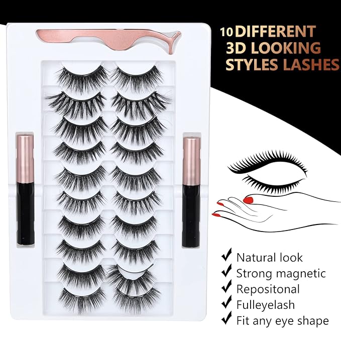 Upgrade 3D Natural Magnetic Eyelashes,Lightweight Magnetic Eyeliner and Eyelashes Kit, 2 Magnetic Eyeliners- No Glue Needed (10 Pairs)