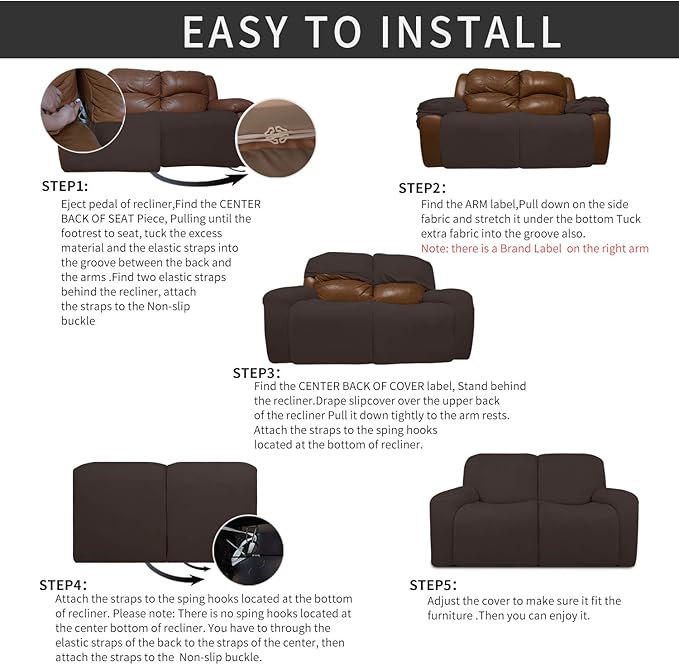 Easy-Going 6 Pieces Recliner Loveseat Stretch Sofa Slipcover Sofa Cover Furniture Protector RV Couch Soft with Elastic Bottom Kids, Spandex Jacquard Fabric Small Checks Chocolate