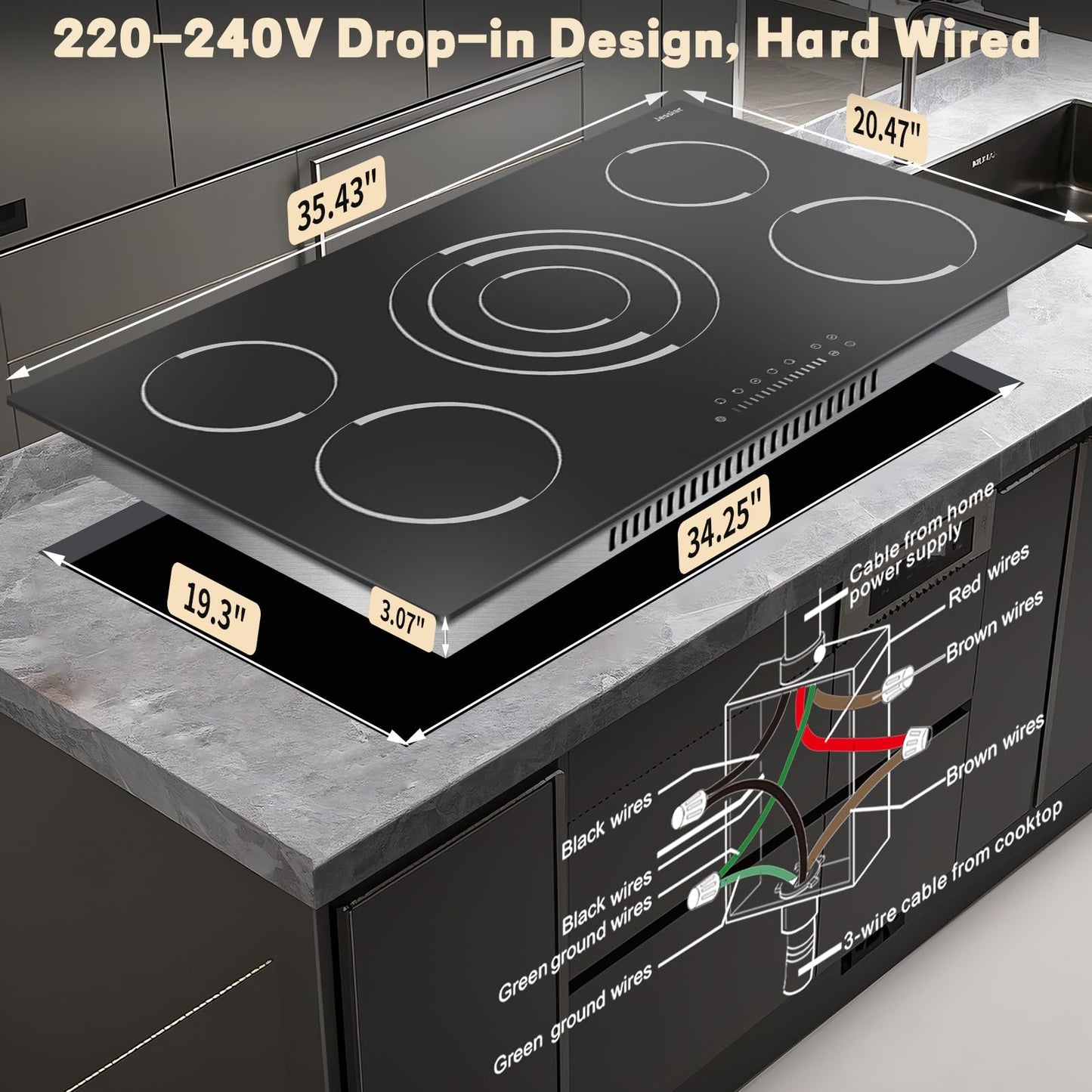 Jessier Electric Cooktop 36 Inch - 9200W High Power 5 Burners Electric Stovetop, Built-in 36 Inches Ceramic Burner Knob and Touch, Timer, Safety Lock, Expandable Ring, 220-240V Hard Wired (No Plug)