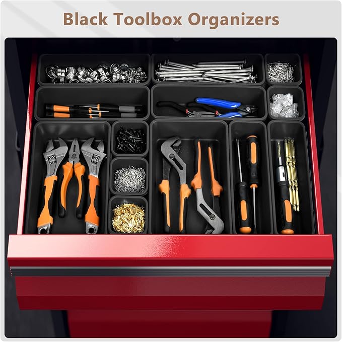 【More Larger Size】A-LUGEI【69 PCS-5 Size】 Tool Box Organizer Tray Divider Set【Black】 Desk Drawer Organizer Bin, Garage Organization and Storage Toolbox for Rolling Tool Chest Cart WorkBench Part Widget