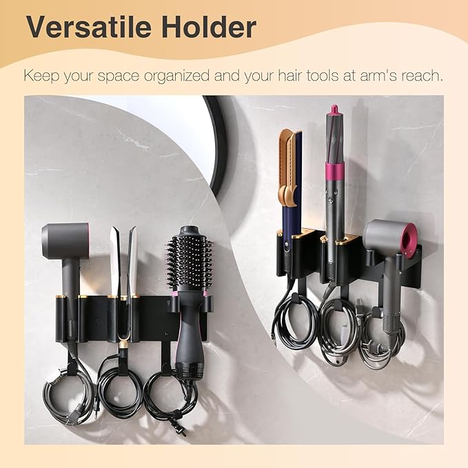 Hair Tool Organizer Wall Mount, Hair Dryer and Curling Iron Storage, Hair Straightener Wall Holder, 3 in 1 Vanity Organizer, Aluminum Alloy (Hair Tools Not Included)