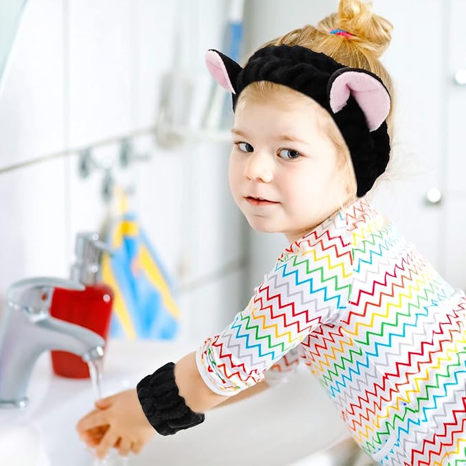 WHAVEL 3PCS Spa Headband and Wristband Set, Cute Cat Ears Headband for Washing Face Makeup Head band(Black)