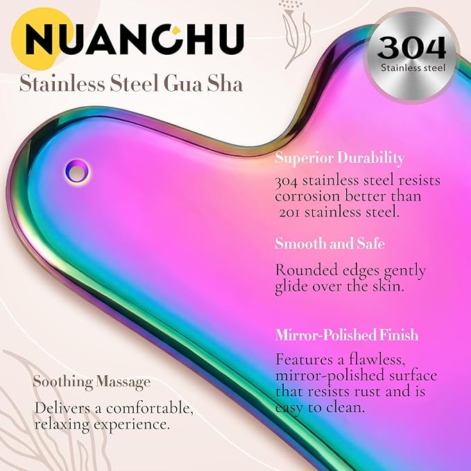 Nuanchu Stainless Steel Gua Sha Facial Tools Metal Guasha Tool for Face Body Jawline Shaper, Double Chin Reducer, Puffiness Reducing, Lymphatic Drainage Massager Skin Care Gift with Pouch(Rainbow)