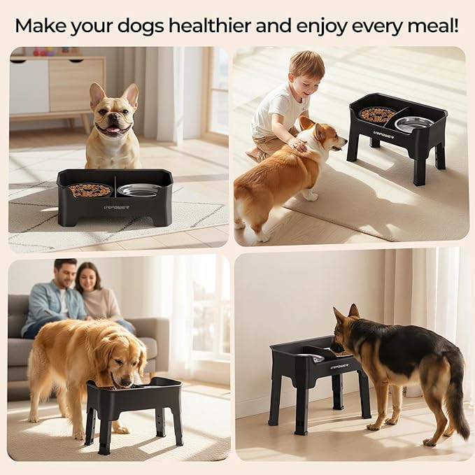 URPOWER Mess Proof Slow Feeder Dog Bowls 4 Height Adjustable Elevated Bowl Stand with Stainless Steel Water Bowl and Slow Feeder Non-Slip Dog Food Bowls Stand for Small Medium Large Dogs