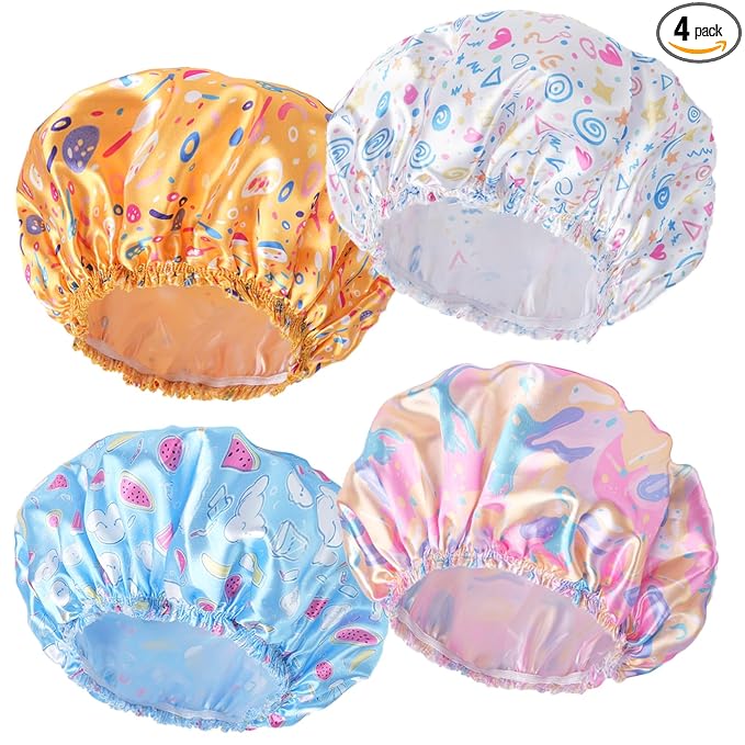 4 PCS Shower Cap for Women, Elastic and Reusable Bath Caps, Double Layers Shower Caps Reusable Waterproof, Bathing Shower Caps, Environmental Bath Hair Protection Cap - Watermelon