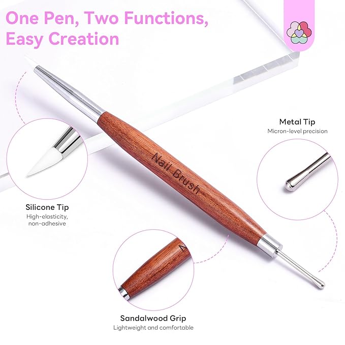 SAVILAND Nail Art Sculpture Pen: Silicone & Metal Dual Tipped Nail Brushes Silicone Nail Art Tools for Design Nail Foil Carving Drawing Shaping Effect Nail Art Pens Sandalwood Handle for Home DIY