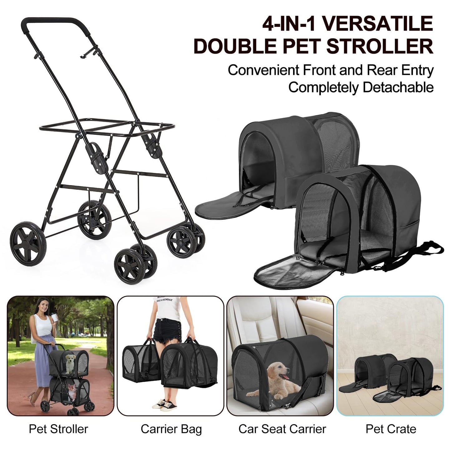 LPOTIUS Double Pet Stroller for Dogs and Cats with 2 Detachable Carrier, Quick-Folding Dog Stroller for Medium Small Dogs Cats, 4 Wheels, Black