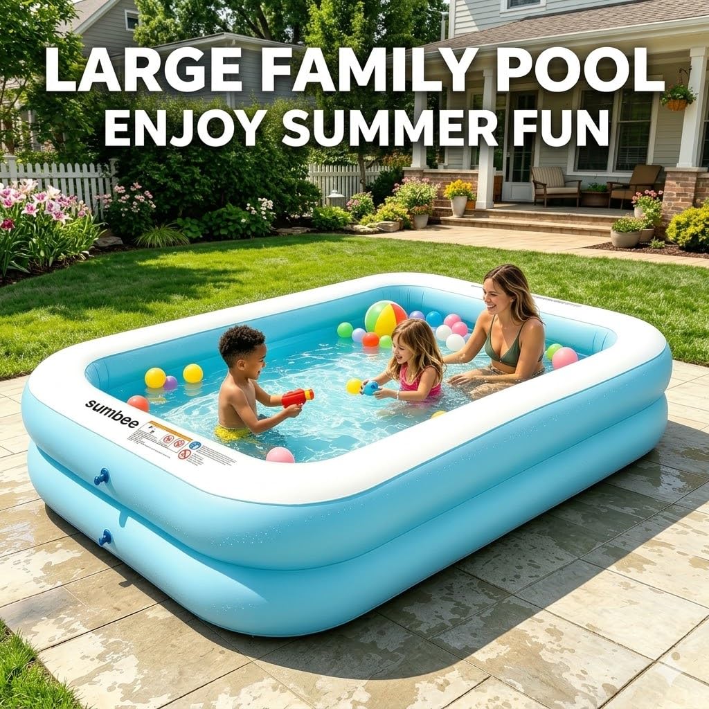 Sumbee Inflatable Pool for Kids and Adults, 103" x 69" x 20" Oversized Thickened Blow Up Swimming Family Pool for Toddlers Outdoor Patio Backyard Garden Deck Summer Party, Full Size Rectangular Blue