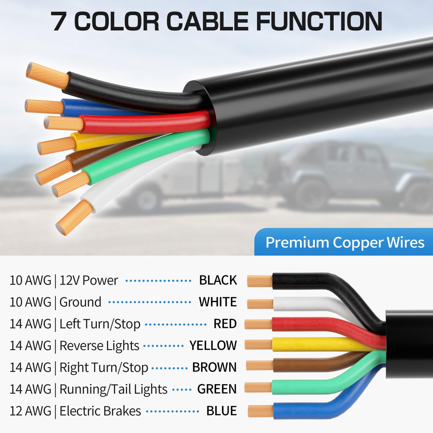 Deluwire 6 FT 7 Pin Trailer Plug, Heavy Duty Trailer Wiring Harness, 7 Way Trailer Cord with Double Prongs Connector for Trailers, RVs, Campers