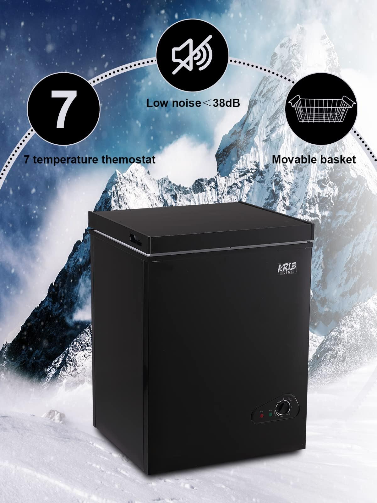 KRIB BLING Chest Freezer Adjustable Thermostat with Removable Storage Basket for Kitchen Garage Basement (3.5 cu.ft Black)