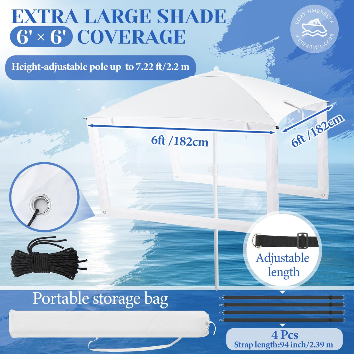 Briwooody White Boat Umbrella Sun Shade with Sidewalls Kit 6' x 6' Boat Sun Cover Anti-Ultraviolet, Adjustable Aluminum Pole to 8 Feet with Ropes and Storage Bag Fits Most Boats and Benches