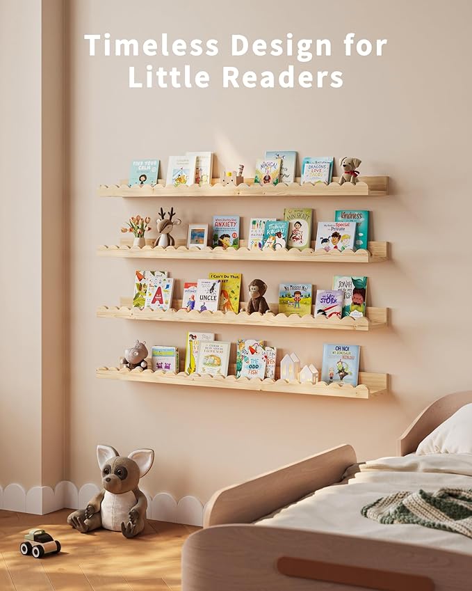 Shario Nursery Book Shelves, 4-Pack Wood Floating Shelves for Wall Kids, Scalloped Shelves, Wall Book Shelves for Bedroom Kids, Toddler Room, Baby Room, Nursery Decor(Wood, 36 Inches)