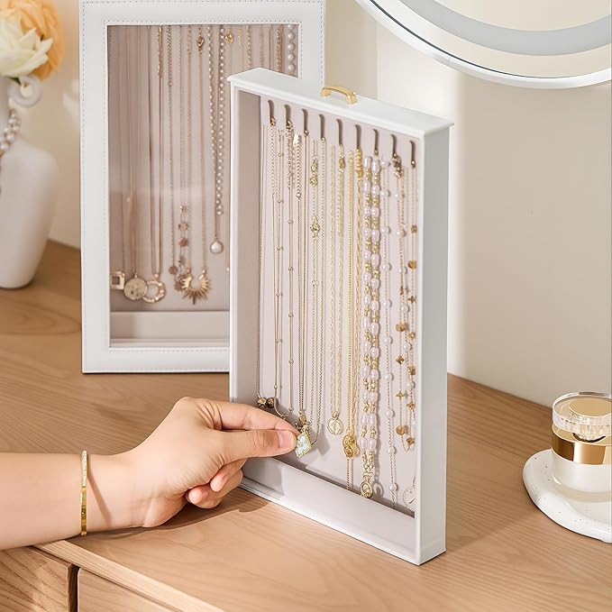 Lolalet Necklace Organizer Box, Jewelry Storage Box with Clear Window for Necklaces Bracelets, Tangle-Free Necklace Display Case for Women Girls -White, 2 Layers 20 Hooks