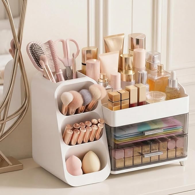 Large Capacity Makeup Organizer Countertop with Makeup Brush Holder for Vanity, Thickened Material, Bathroom Countertop Organizer Skin Care Perfumes Storage, Teen Girl Gifts for 12-23 YearÃ¯Â¼ÂwhiteÃ¯Â¼Â
