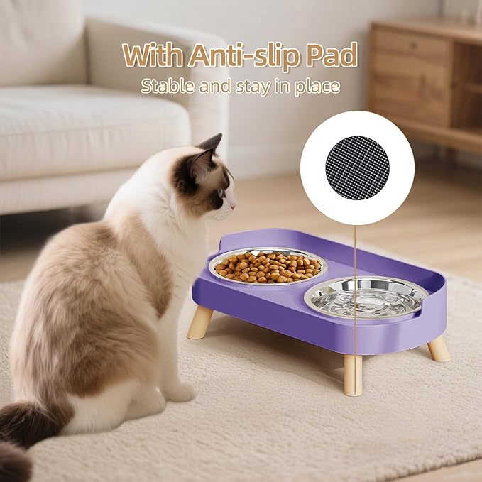 Elevated Cat Bowl, Raised Cat Food and Water Bowl Set for Indoor Cats, Splash Proof with 3 Stainless Steel Pet Food Bowls for Cats and Puppies, Whisker Fatigue and Dishwasher Safe - Purple