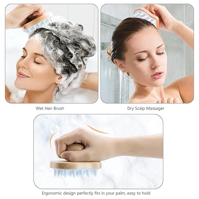 Hangerspace Scalp Massager Shampoo Brush, Wooden Wet and Dry Hair Scalp Care Brush, Shower Brush Scalp Scrubber Exfoliator with Soft Silicone Bristles for Dandruff Removal, Hair Growth (White)