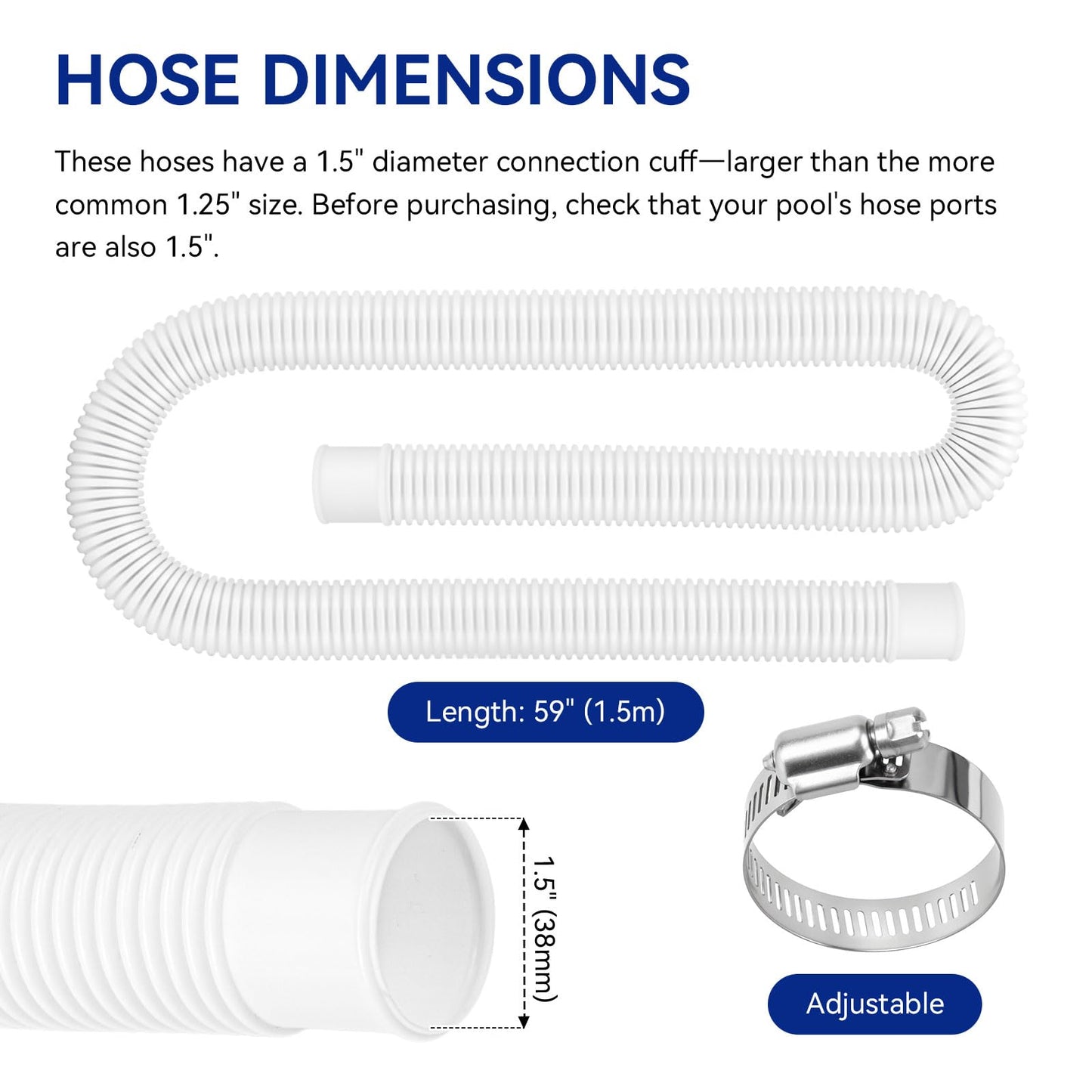Pool Hoses for Above Ground Pools 1.5" Diameter x 59" Long, 2 Pack 1.5 Inch Above Ground Pool Hose Replacement Compatible with Intex Coleman Surface Skimmer, Filter Pump Hose, with 4 Metal Clamps