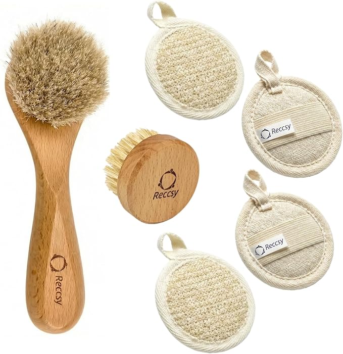 Reccsy Face Brush Set - Soft Natural Bristle Facial Dry Brush for Lymphatic Drainage & Face Exfoliator Brush - Includes 4 Reusable Cleansing Pads