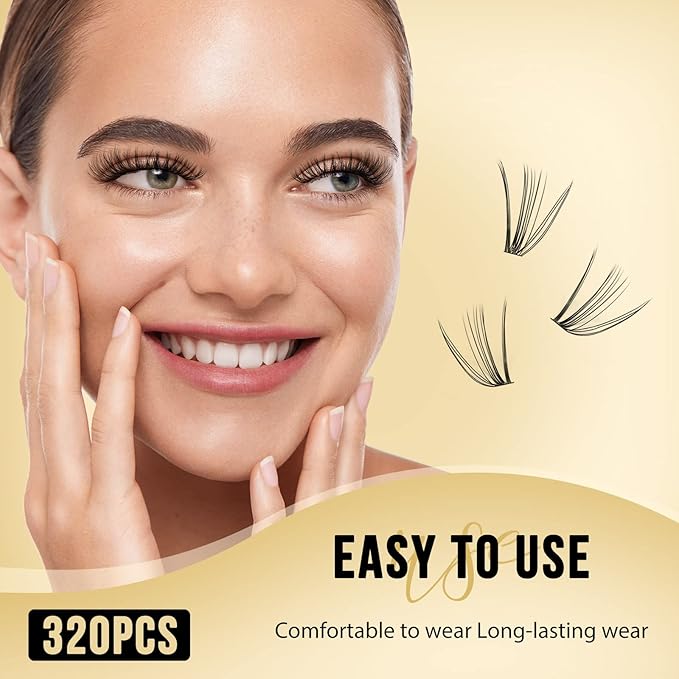 QUEWEL Lash Clusters 320Pcs Cluster Lashes 20D D Curl Lash Cluster Eyelash Extensions Mix12-18mm Individual Eyelashes Clusters Wispy Lash Clusters Thin Band Soft to Use at Home(20D D Mix12-18)