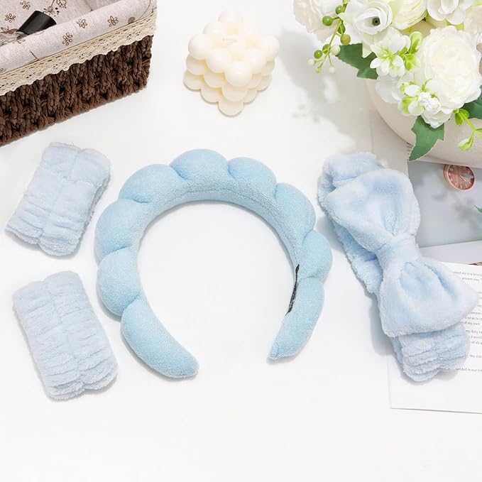 Chanaco Spa 4PCS Face Wash Hair Accessories in Blue - Makeup Headband, Skincare Headband with Bow Tie, Sponge Wrist Bands for Women and Girls