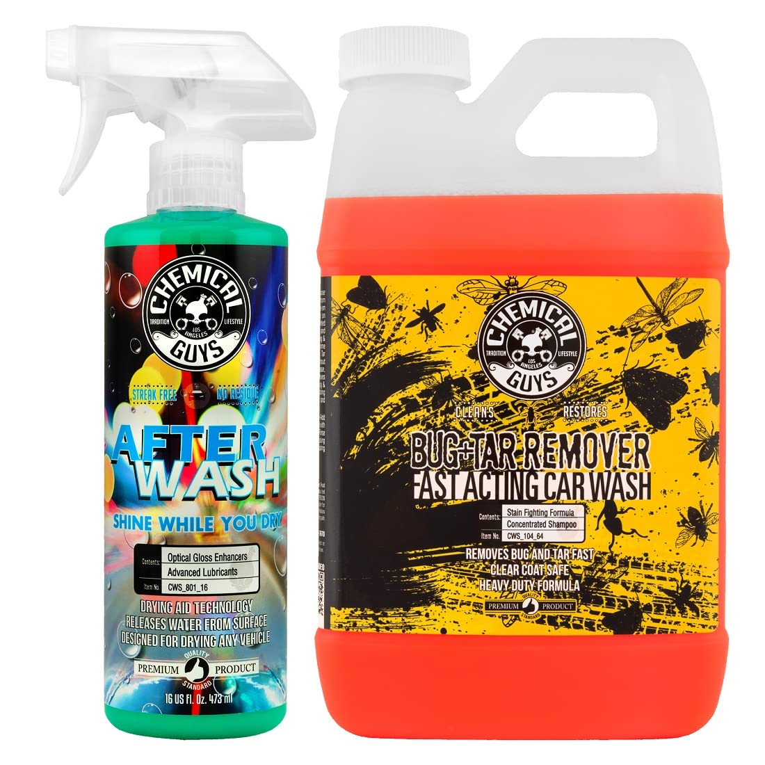 Chemical Guys CWS_104_64A Car Wash, Dry & Shine Bundle - Concentrated Bug and Tar Remover Car Wash Soap, 64 oz (.5 Gal) + After Wash Gloss Boosting Drying Aid (16 oz) (2 Items) For Cars, Trucks, SUVs