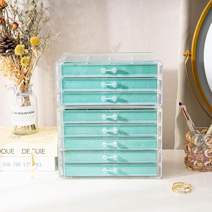 ProCase Earring Holder Organizer Jewelry Box with 8 Drawers, Acrylic Clear Earring Case with Adjustable Velvet Trays for Women - Aqua, 8 Layers