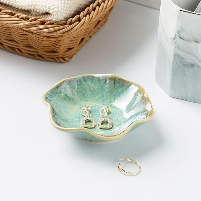 Jewelry Dish Tray, Ring Dish, Ceramic Trinket Tray, Key Bowl, Decorative Plate, for Friends Sisters Daughter Mother (Emerald Green)