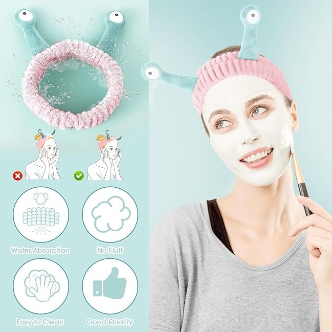 Face Wash Headband, Palm and Snail Spa Hair Bands Makeup Headbands Women Cartoon Cute Coral Fleece Elastic Headband Creative Hair Accessories for Washing Face Shower Sports (Pink and Green)