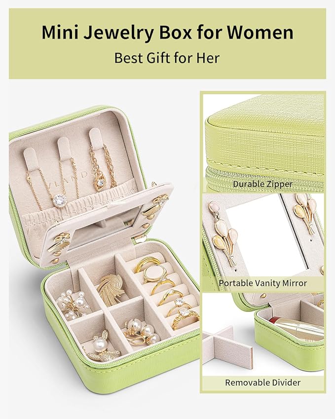 VLANDO Small Travel Jewelry Box Organizer - Girls Women Gift Rings Earrings Necklaces Jewelry Storage Display Case with Mirror Green