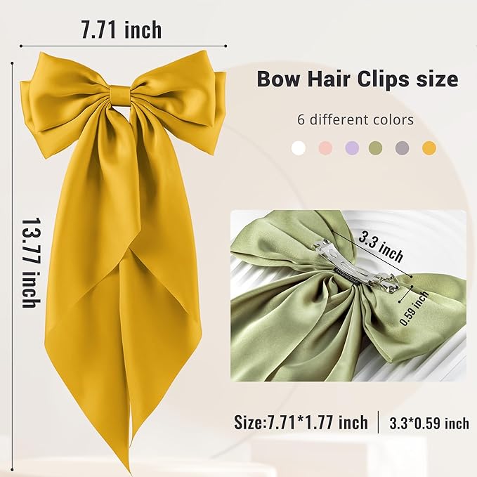 6Pcs Large Bows Hair Clips for Women Girls Long Tail Hair Ribbon Silky Satin Barrettes Coquette Bows Accessories (Beige/Yellow/Pink/Grey/Purple/Green)