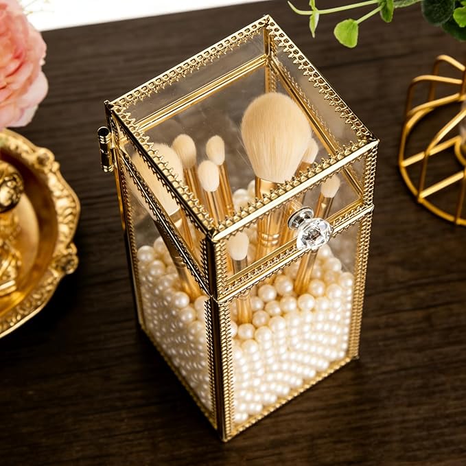 Makeup Brush Holder Organizer with Lid, Glass Cosmetic Make Up Brushes Container, Clear Makeup Tool Storage Box Cup with Pearls, Vintage Dustproof Vanity Decor for Countertop Desktop