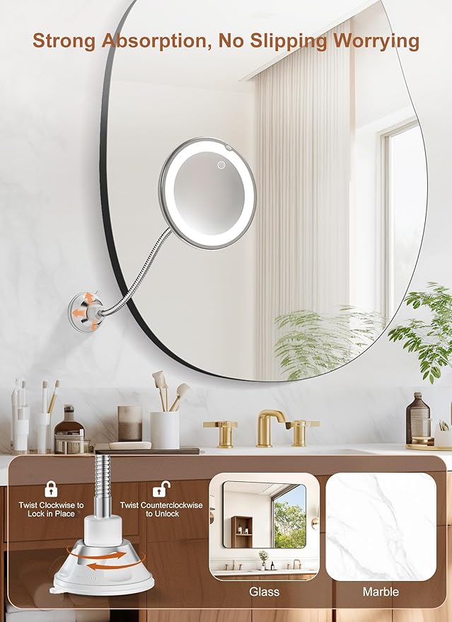 Brightown 10x Magnifying Mirror with Light,Flexible Gooseneck Make up Mirror with Lights and Magnification, Battery Operated with Suction Cups for Wall Bathroom Silver 3 Lighting