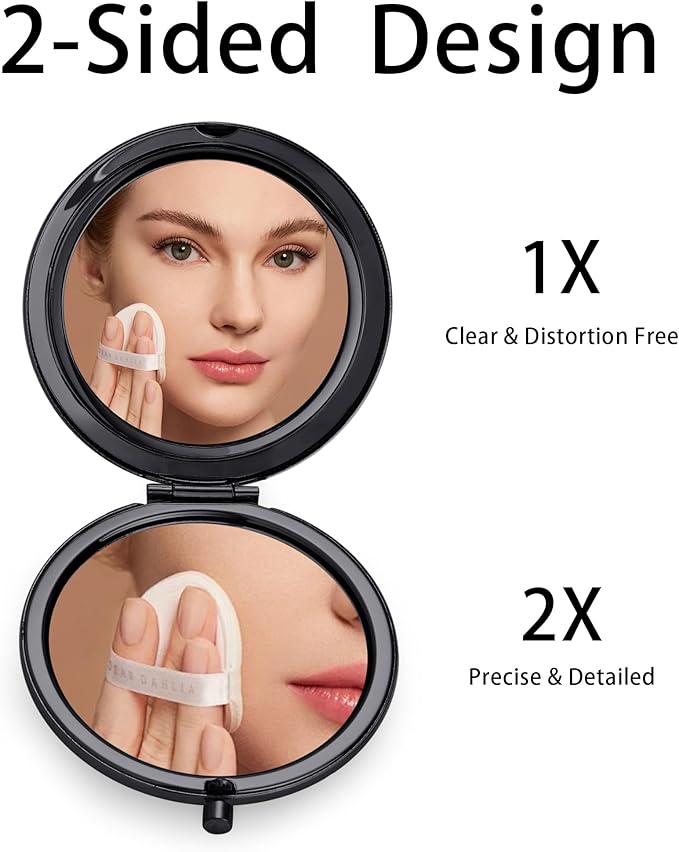 Compact Mirror for Purse, Metal Round Shell, Double-Sided 1X/2X Magnifying, Portable Travel Makeup Mirror, Mini Pocket Mirror, Black, 1 Pack