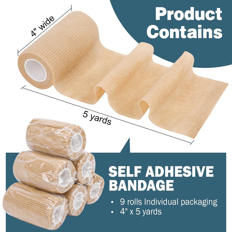 AZEN 9 Pack Self Adhesive Bandage Wrap, 4" X 5 Yards Elastic Cohesive Bandage Wrap, Skin Color Athletic Tape, Ankle Tape, Tattoo Grip Tape Wrap, Vet Wrap