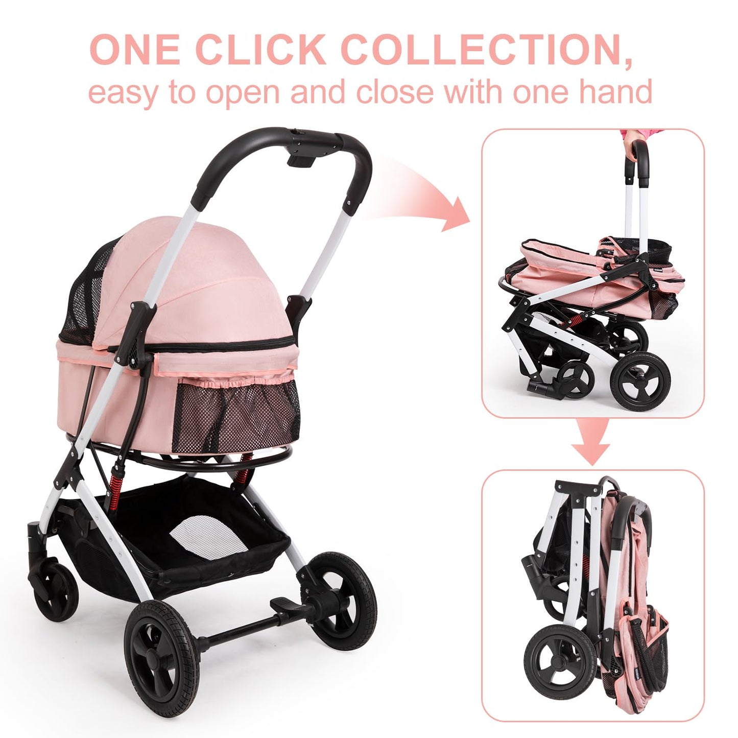 BETSOCCI Pet Stroller for Medium Small Dog & Cat, Foldable Lightweight Dog Stroller with Storage Basket Pet Travel Carriage with Safety Leashes, 4 Wheel, Pink