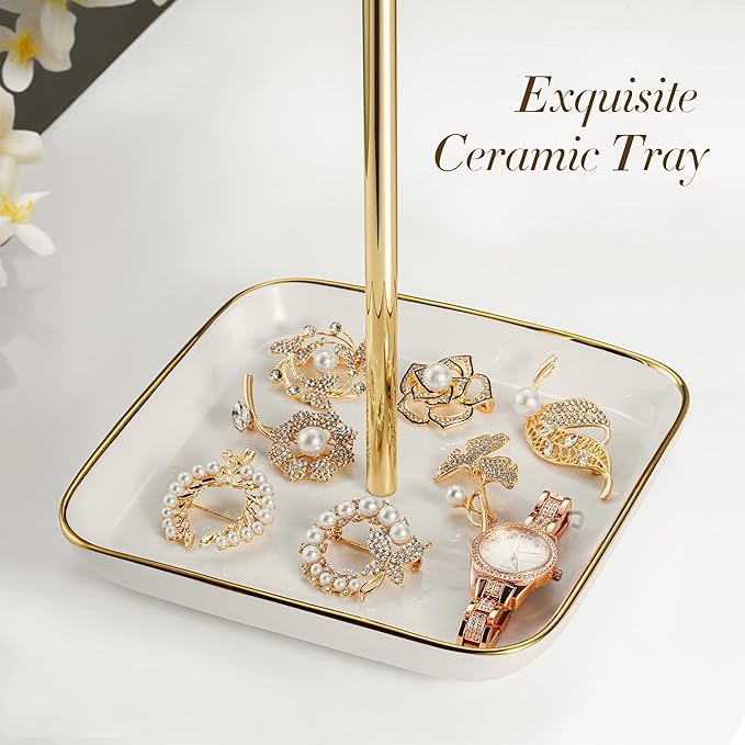 Jewelry Holder Stand with Ceramic Base: 12" Tall Necklace Organizer Rack, Tree Design Display Storage for Necklaces, Bracelets, Rings, Earrings, Aesthetic Room Décor for Girls and Women, Gold