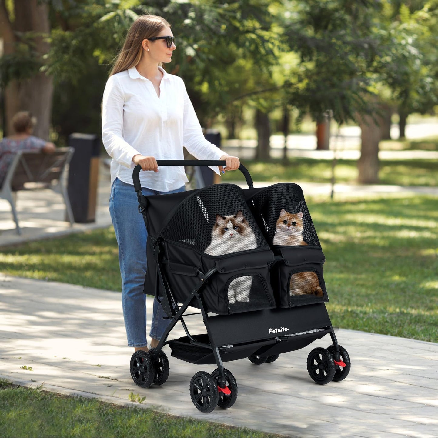 PETSITE Double Pet Stroller, Foldable Double Dog Stroller with 2-Seater Carrier, Adjustable Sunshade, Removable Pad, Safety Belt, Storage Basket, 4-Wheel Pet Travel Cart for 2 Puppies & Cats (Black)