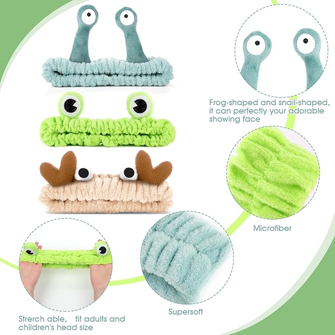 3 Pack Spa Headband Face Wash Hairband Facial Makeup Head Wraps Cartoon Elastic Head Band Cute Frog Snail Crab Shower Headband Creative Hair Accessories for Beauty Skincare Sports