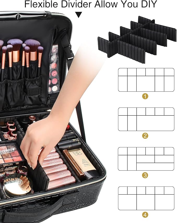Relavel Professional Train Case - 16.5 Inch Travel Cosmetic Organizer, Waterproof Makeup Artist Storage Box with Large Capacity (Crocodile Pattern)