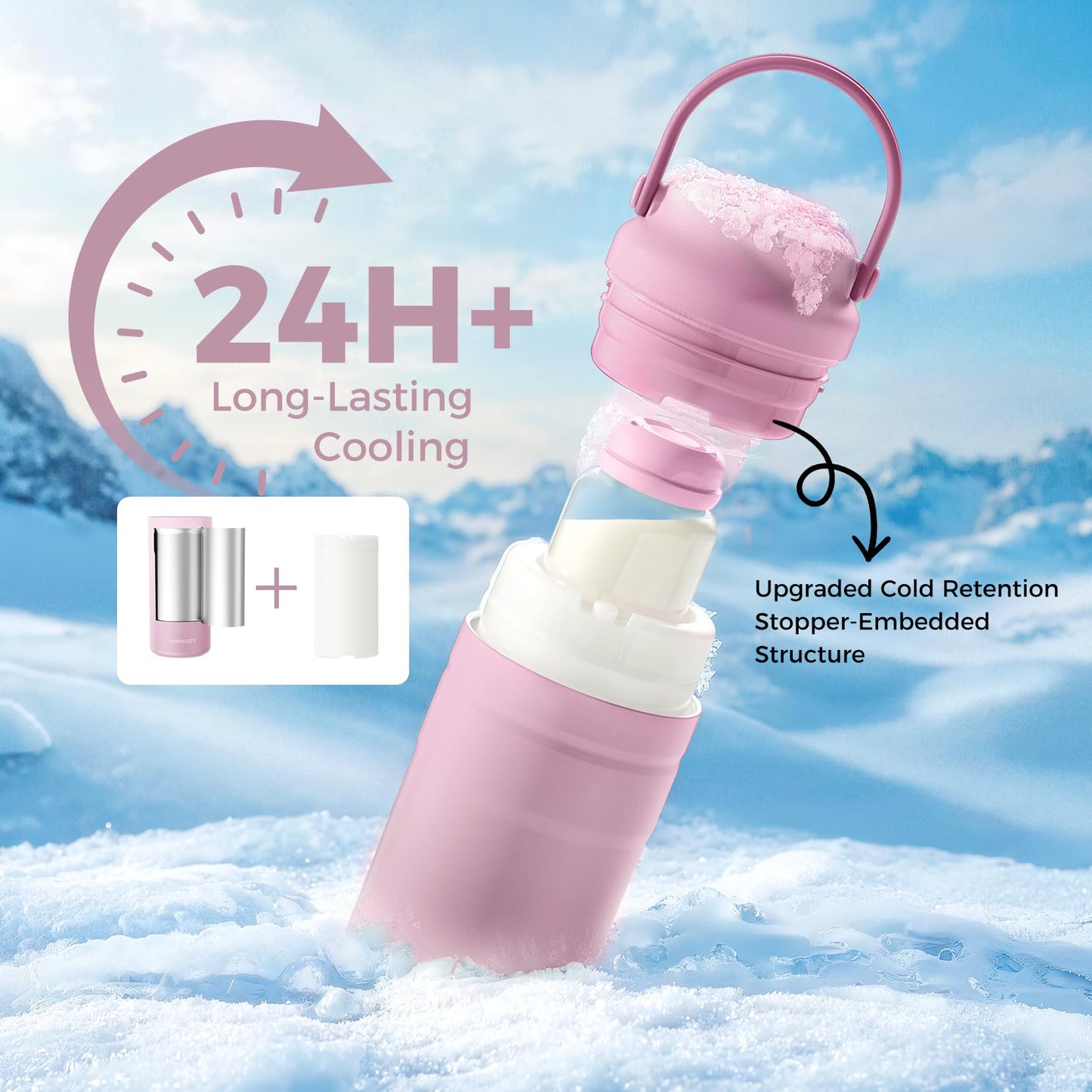 Momcozy Portable Breast Milk Cooler for Travel, 24H Ice-Free Cooling Breastmilk Storage Bottles Container, 12oz Leak Proof Outdoor Small Freezer, Baby Breastfeeding Essential for New Moms, Pink