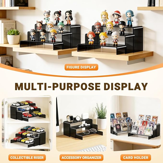 FUNFERY Acrylic Display Risers, 2 Set(7.8" L~8.2" L~8.6" L~9Ã¢ÂÂL~9.3Ã¢ÂÂL) Display Shelf for Figure, Collectibles, Cupcake, 5-Tier Clear Acrylic Stands for Dessert, Jewelry, Candy Showcase