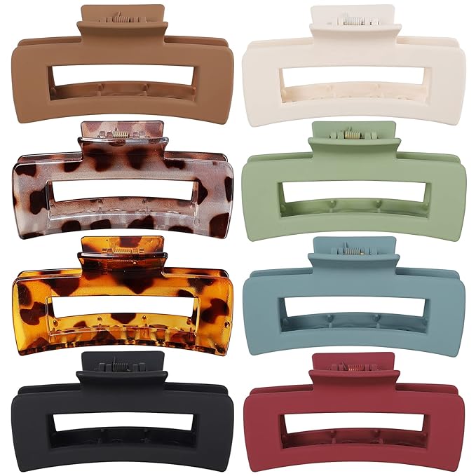 Mandydov 8 Pcs Large Hair Claw Clips 4.1 Inch Non-slip Big Square Matte Claws Leopard Print for Women, Strong Hold Banana Clips for Thick Thin Hair