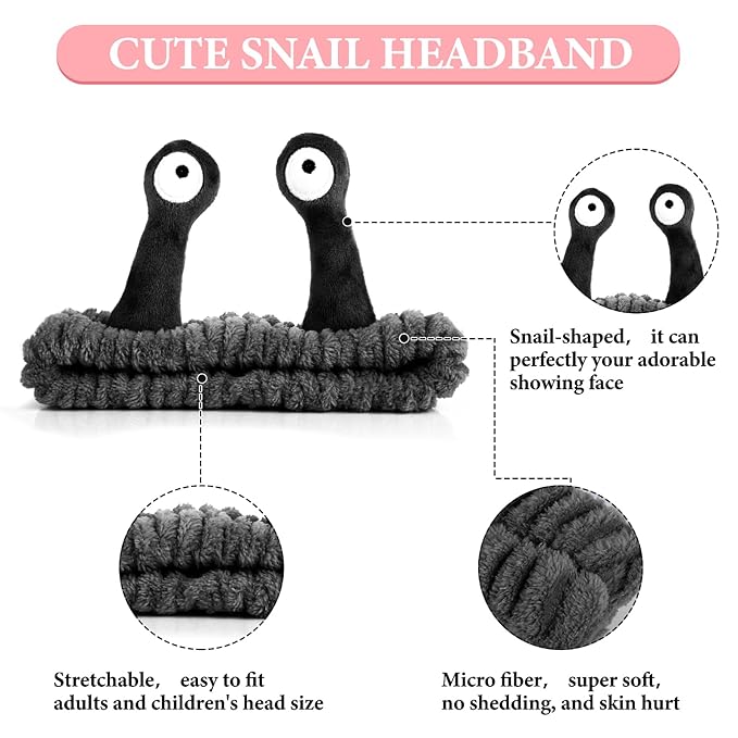 Spa Headband Facial Makeup Head Band Microfiber Soft Coral Fleece Head Wraps Snail Cartoon Cute Hair Accessories Elastic Skincare Hair Band for Women Girls Washing Face Beauty (Black)