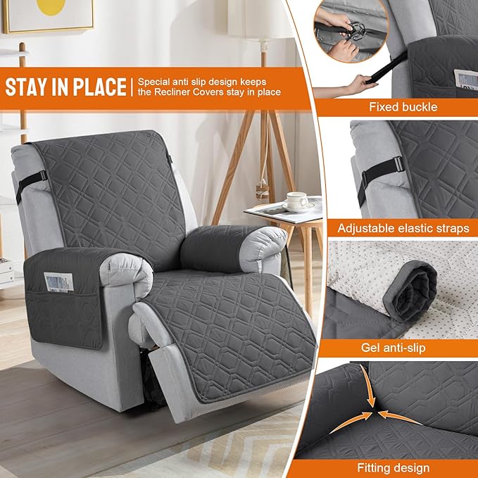 VANSOFY 100% Waterproof Recliner Chair Covers, Recliner Cover Non-Slip Dog Chair Cover Furniture Protector Washable Slipcover with Pocket, Elastic Straps for Pets, Dogs(Charcoal Gray, 28")
