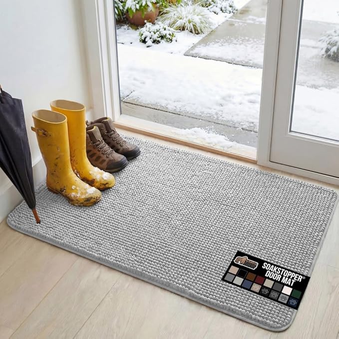 GORILLA GRIP SoakSTOPPER Dog Door Mat, 48x30 Machine Washable Rug Absorbent Doormat Captures Moisture Mud Dirt, Quick Dry Soft Chenille Entryway Rugs Indoor Entrance Mats for Dog Paws, Light Gray